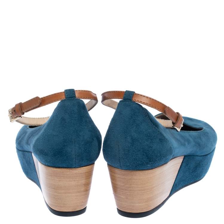 Pre Owned Tod's Blue Suede Ankle Strap Platform Wedge Pumps Size 38.5