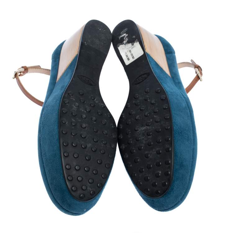 Pre Owned Tod's Blue Suede Ankle Strap Platform Wedge Pumps Size 38.5