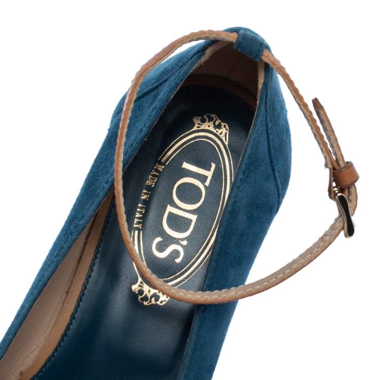 Pre Owned Tod's Blue Suede Ankle Strap Platform Wedge Pumps Size 38.5