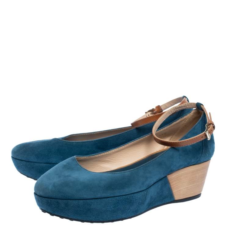 Pre Owned Tod's Blue Suede Ankle Strap Platform Wedge Pumps Size 38.5