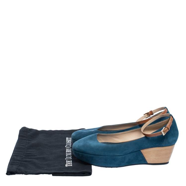 Pre Owned Tod's Blue Suede Ankle Strap Platform Wedge Pumps Size 38.5