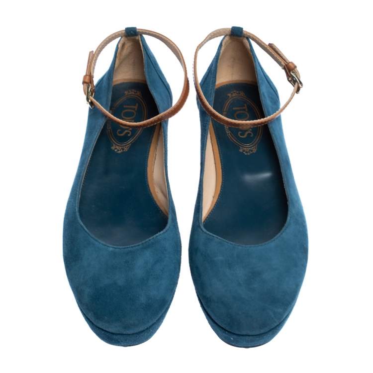 Pre Owned Tod's Blue Suede Ankle Strap Platform Wedge Pumps Size 38.5