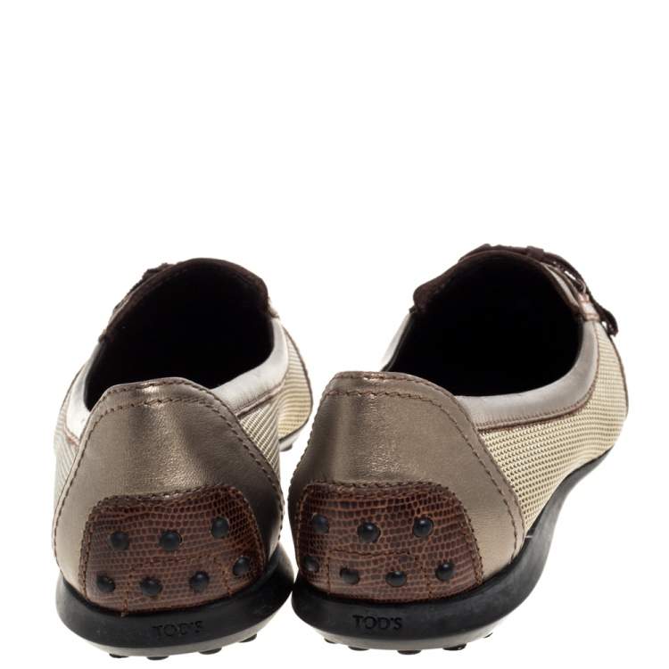 Pre Owned  Tod's Multicolor Leather, Fabric And Lizard Embossed Leather Lace Bow Ballet Flats Size 38.5
