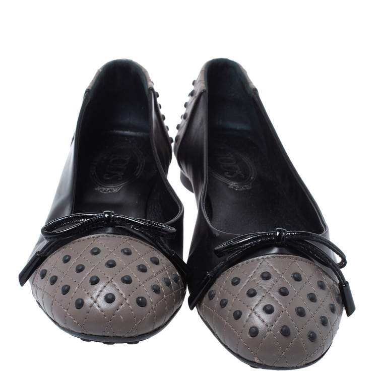 Pre Owned Tod's Black/Grey Leather Dew Ballet Flats Size 38