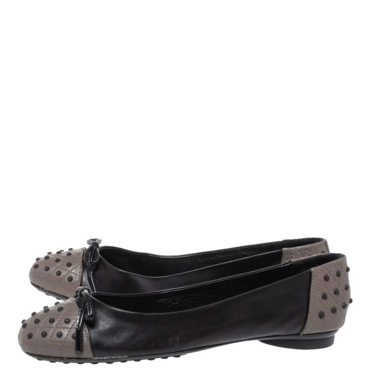 Pre Owned Tod's Black/Grey Leather Dew Ballet Flats Size 38