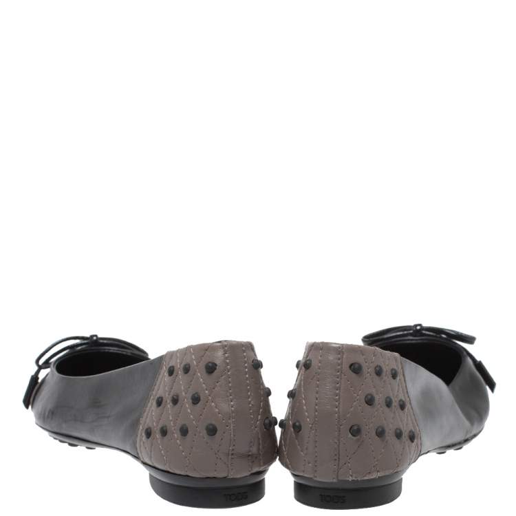 Pre Owned Tod's Black/Grey Leather Dew Ballet Flats Size 38
