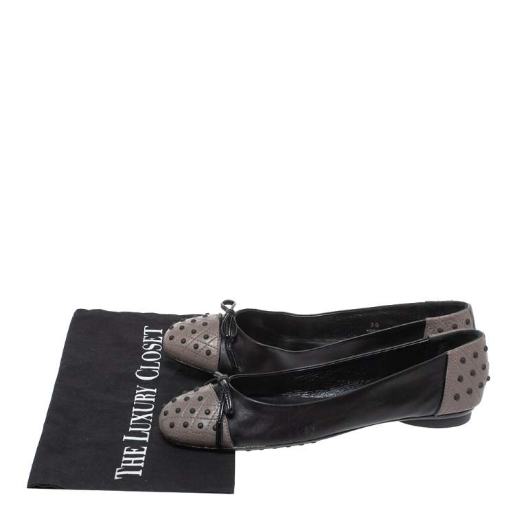 Pre Owned Tod's Black/Grey Leather Dew Ballet Flats Size 38