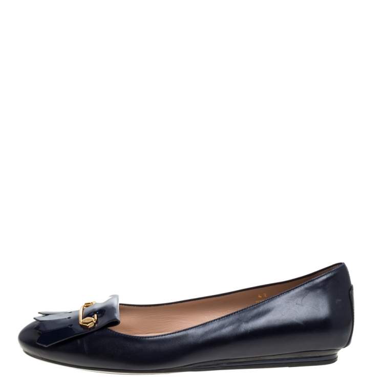 Pre Owned Tod's Navy Blue Leather and Patent Leather Fringe Detail Ballet Flats Size 42