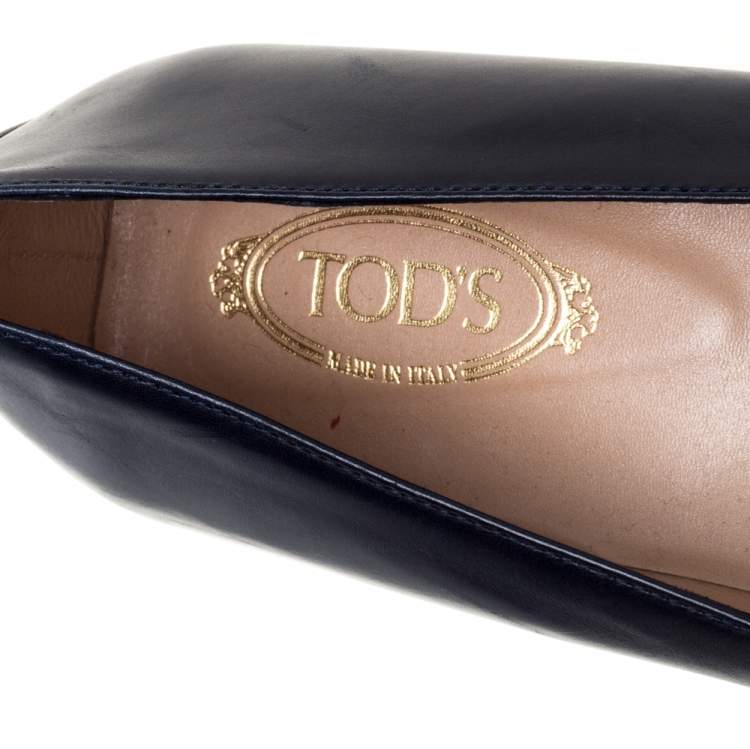 Pre Owned Tod's Navy Blue Leather and Patent Leather Fringe Detail Ballet Flats Size 42