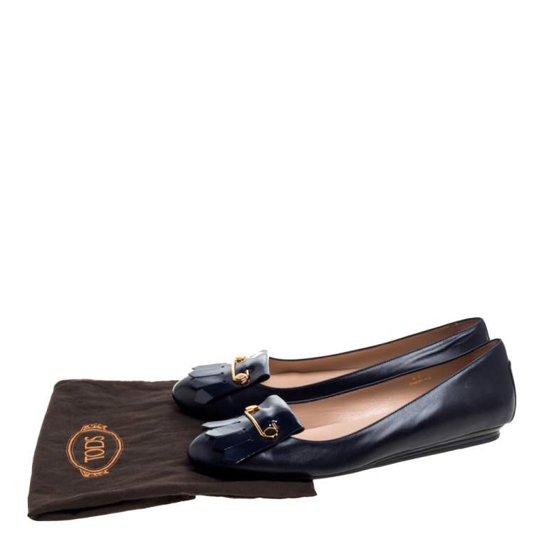 Pre Owned Tod's Navy Blue Leather and Patent Leather Fringe Detail Ballet Flats Size 42
