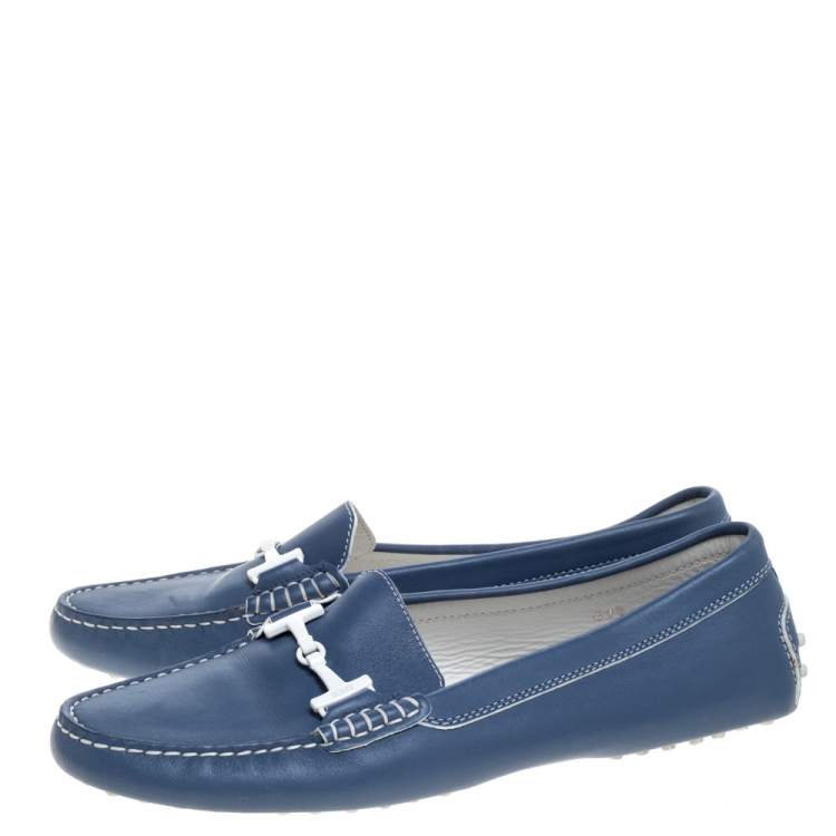 مملوكة مسبقًا Tod's Blue Leather Double T Slip On Loafers Size 41.5