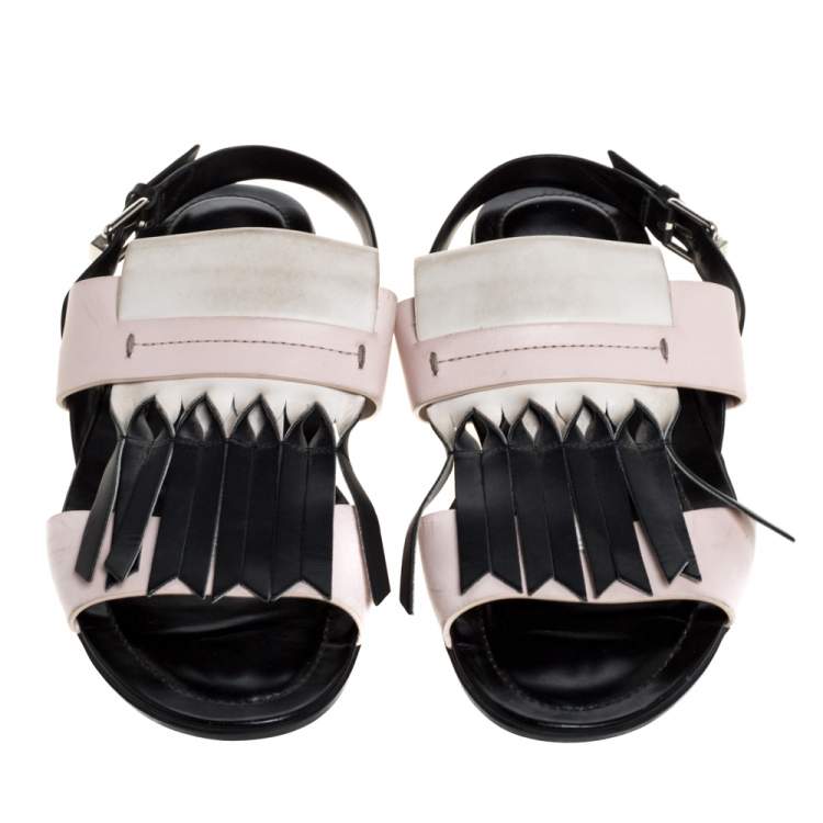 Pre Owned Tod's Tricolor Leather Fringe Detail Flat Sandals Size 37