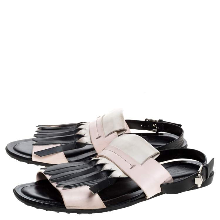 Pre Owned Tod's Tricolor Leather Fringe Detail Flat Sandals Size 37