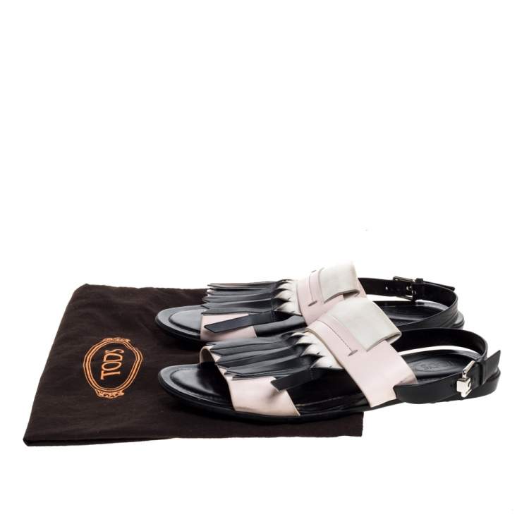 Pre Owned Tod's Tricolor Leather Fringe Detail Flat Sandals Size 37