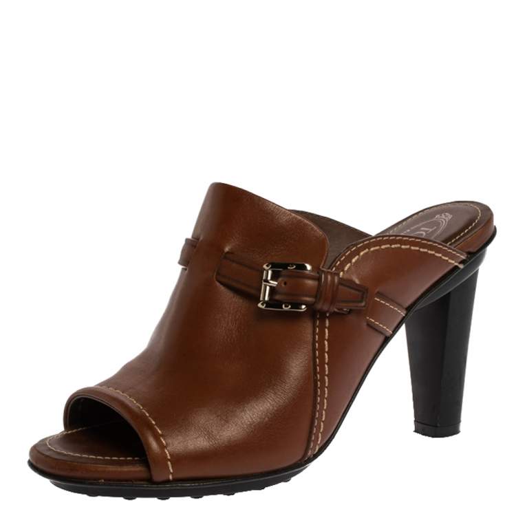 Pre Owned Tod's Brown Leather Open Toe Buckle Detail Mule Sandals Size 36.5