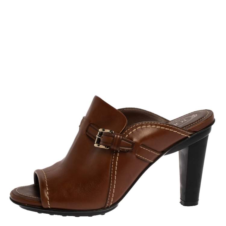 Pre Owned Tod's Brown Leather Open Toe Buckle Detail Mule Sandals Size 36.5