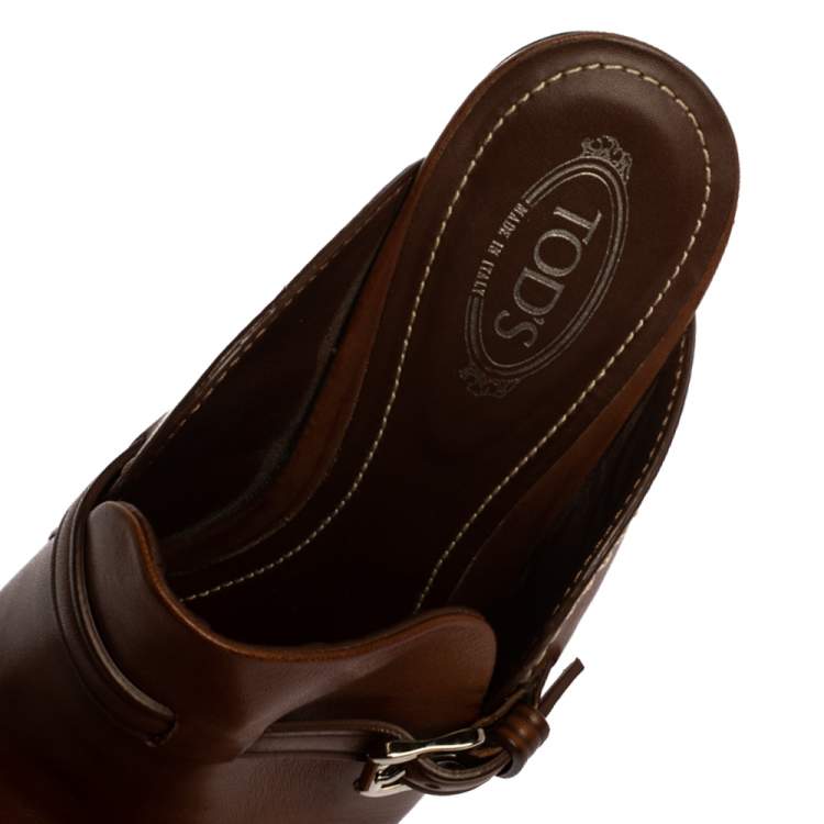 Pre Owned Tod's Brown Leather Open Toe Buckle Detail Mule Sandals Size 36.5