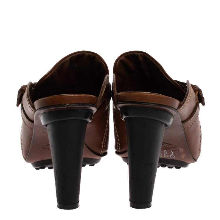 Pre Owned Tod's Brown Leather Open Toe Buckle Detail Mule Sandals Size 36.5