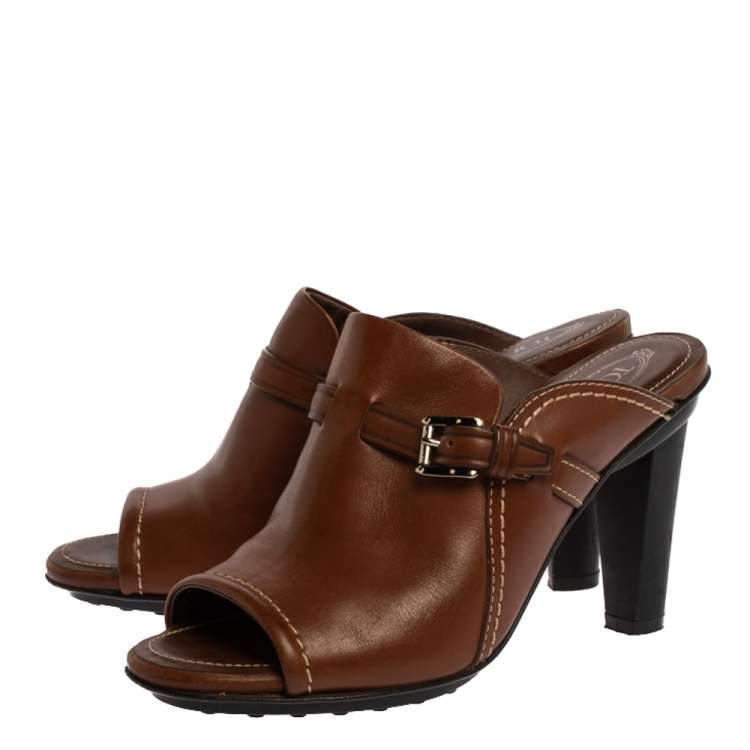 Pre Owned Tod's Brown Leather Open Toe Buckle Detail Mule Sandals Size 36.5