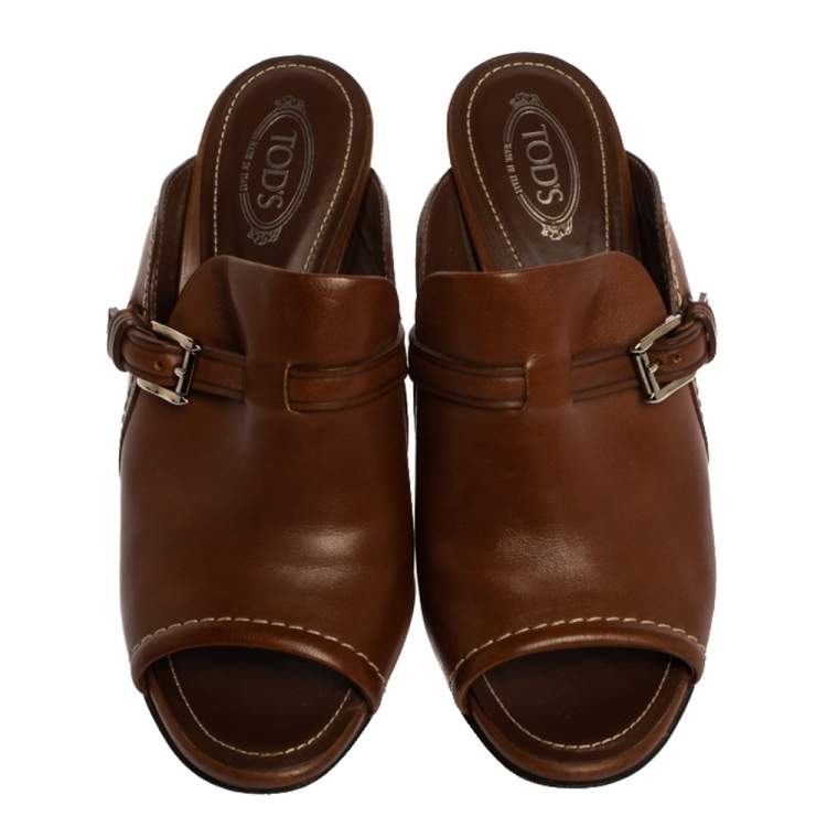 Pre Owned Tod's Brown Leather Open Toe Buckle Detail Mule Sandals Size 36.5