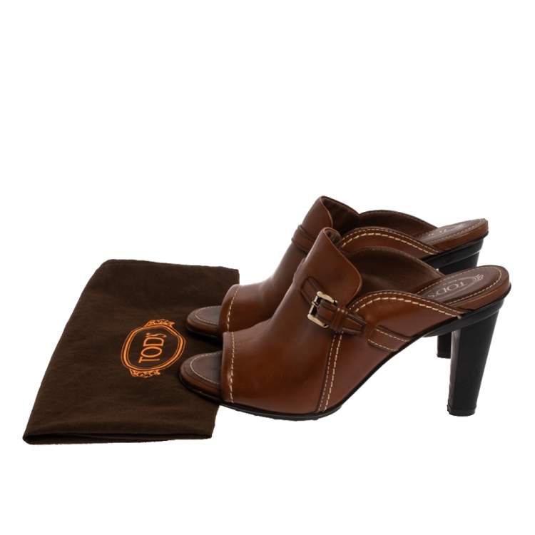 Pre Owned Tod's Brown Leather Open Toe Buckle Detail Mule Sandals Size 36.5