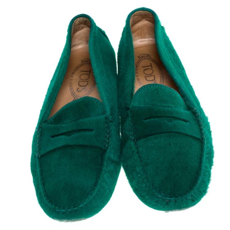 Pre Owned Tod's Green Calf Hair Penny Loafers Size 39