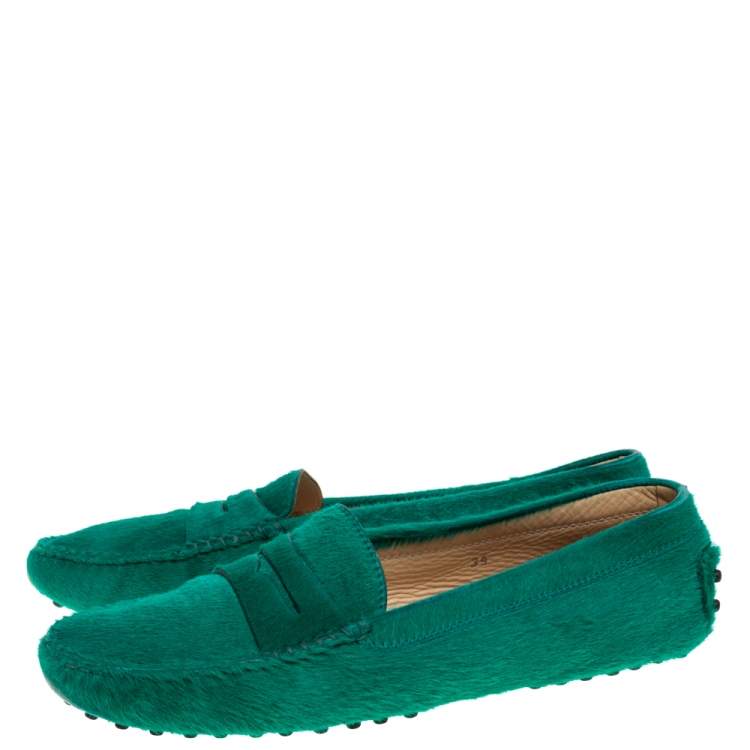 Pre Owned Tod's Green Calf Hair Penny Loafers Size 39