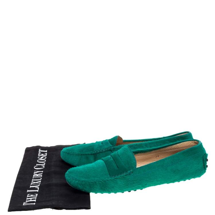 Pre Owned Tod's Green Calf Hair Penny Loafers Size 39
