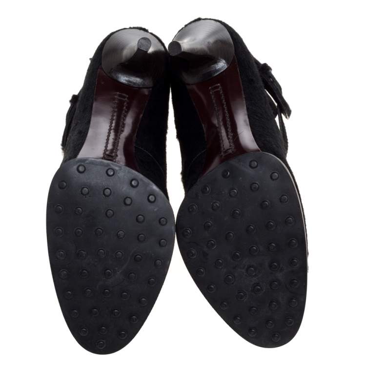 Pre Owned Tod's Black/White Calf Hair Cross Strap Buckle Detail Ankle Boots Size 40
