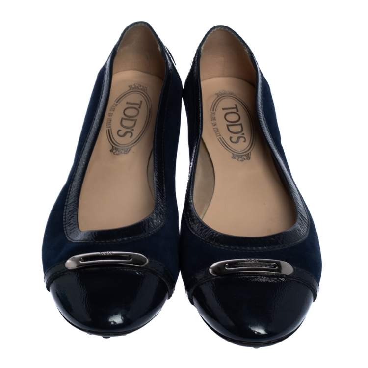Pre Owned Tod's Navy Blue Suede and Patent Leather Cap Toe Buckle Ballet Flats Size 38