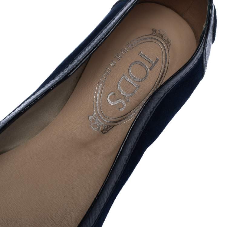 Pre Owned Tod's Navy Blue Suede and Patent Leather Cap Toe Buckle Ballet Flats Size 38