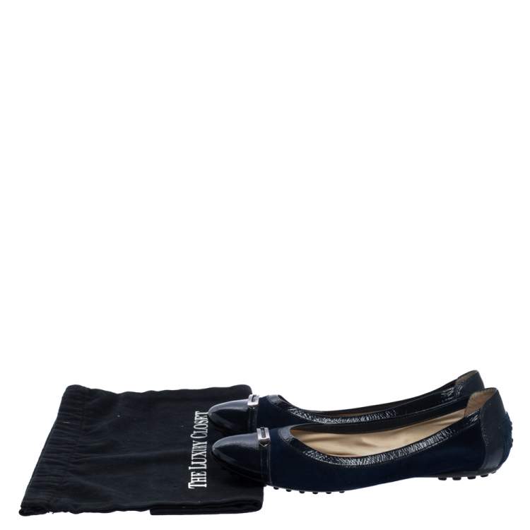 Pre Owned Tod's Navy Blue Suede and Patent Leather Cap Toe Buckle Ballet Flats Size 38