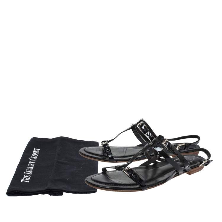 Pre Owned Tod's Black Patent Leather Strappy Buckle Detail Flat Sandals Size 37.5