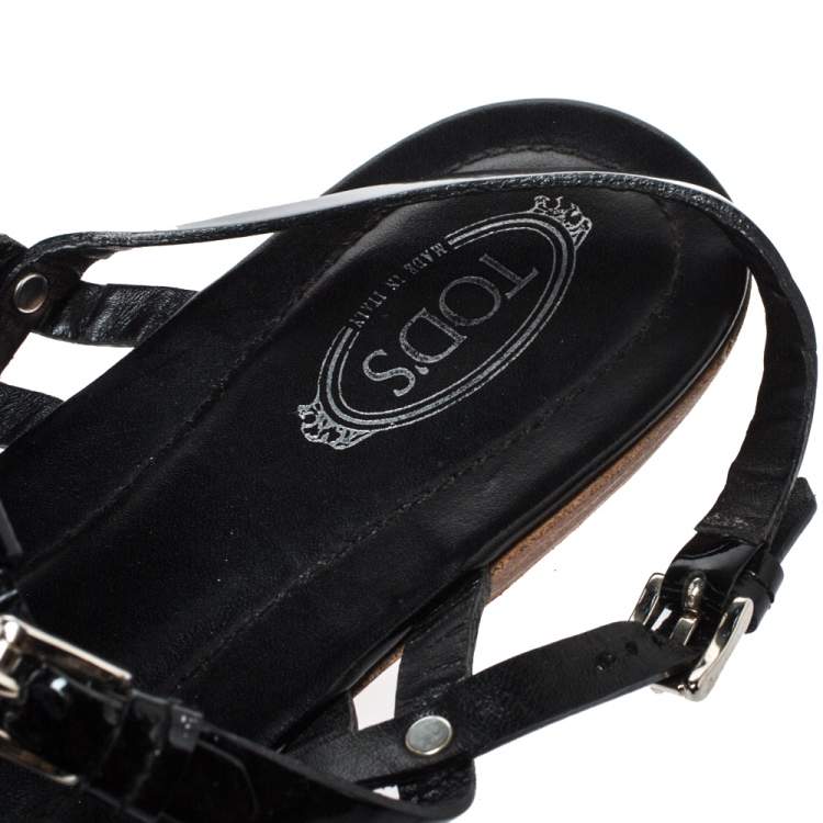 Pre Owned Tod's Black Patent Leather Strappy Buckle Detail Flat Sandals Size 37.5
