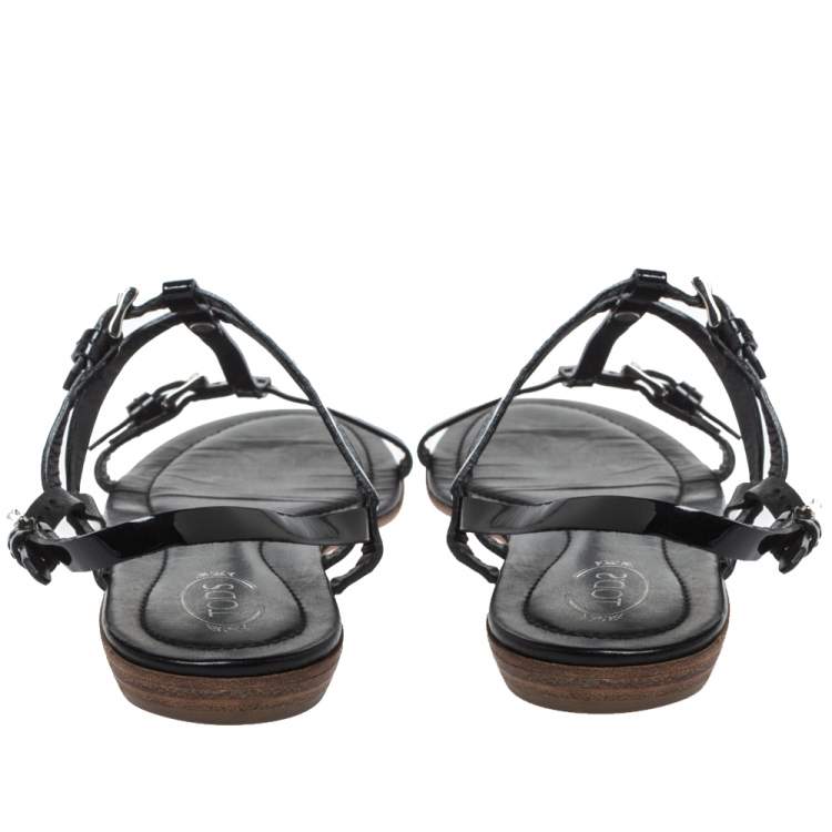 Pre Owned Tod's Black Patent Leather Strappy Buckle Detail Flat Sandals Size 37.5