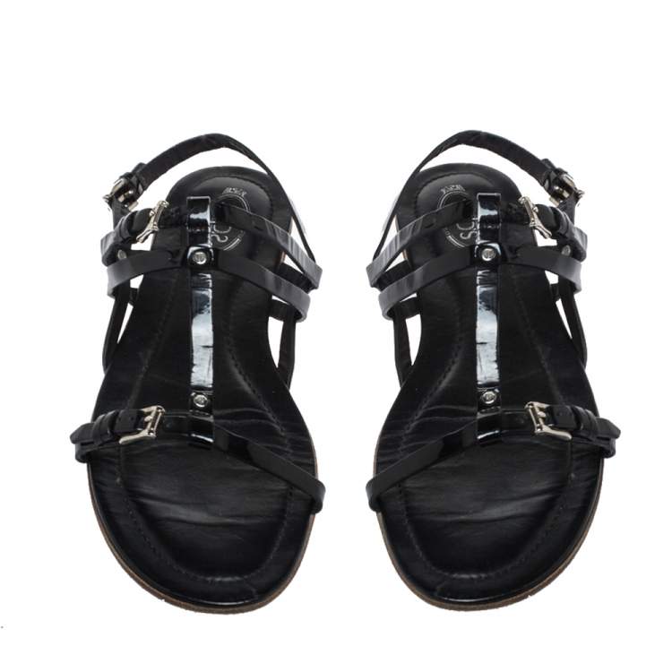 Pre Owned Tod's Black Patent Leather Strappy Buckle Detail Flat Sandals Size 37.5