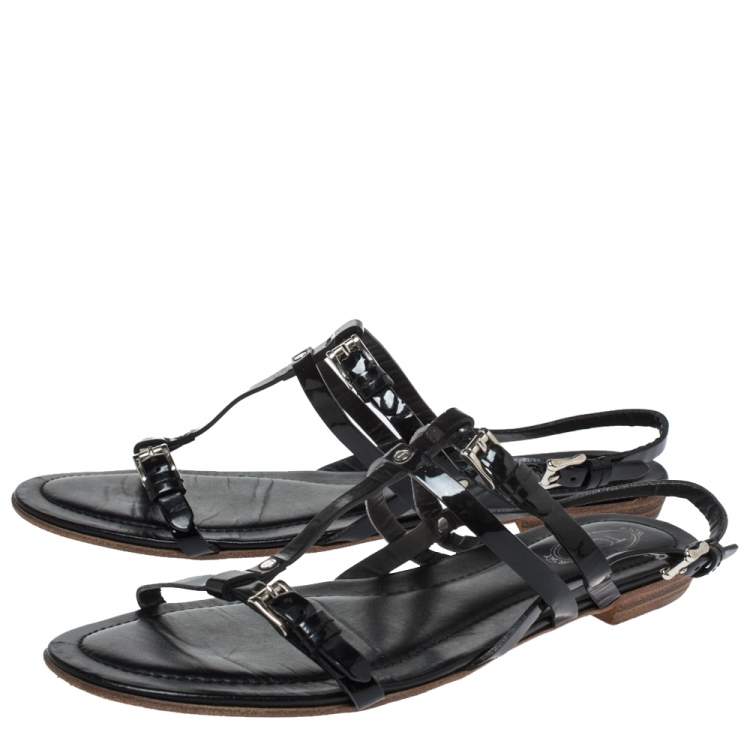 Pre Owned Tod's Black Patent Leather Strappy Buckle Detail Flat Sandals Size 37.5