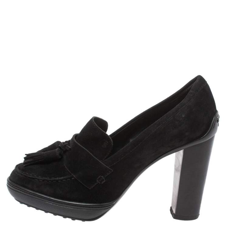 Pre Owned Tod's Black Suede Tassel Embellished Platform Loafer Pumps Size 38