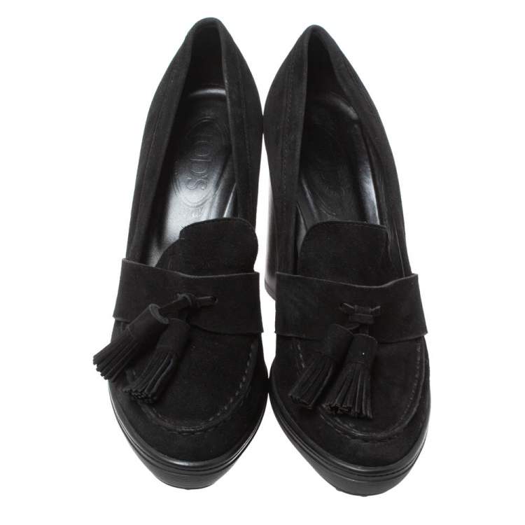 Pre Owned Tod's Black Suede Tassel Embellished Platform Loafer Pumps Size 38