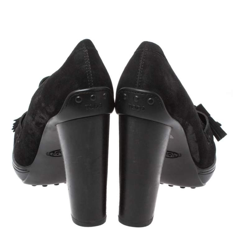 Pre Owned Tod's Black Suede Tassel Embellished Platform Loafer Pumps Size 38