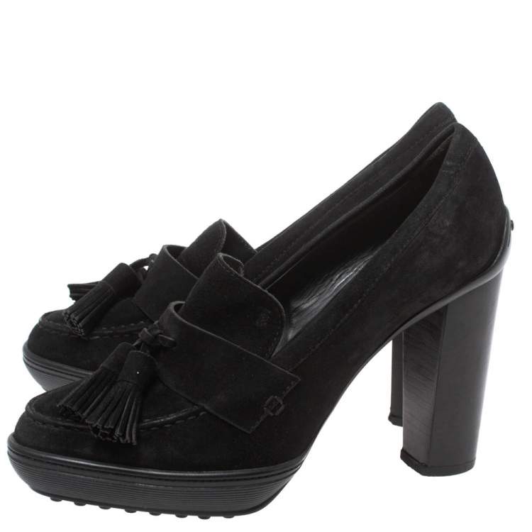Pre Owned Tod's Black Suede Tassel Embellished Platform Loafer Pumps Size 38
