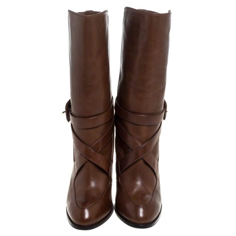 Pre Owned Tod's Brown Leather Criss Cros Strap Detail Mid Length Boots Size 40