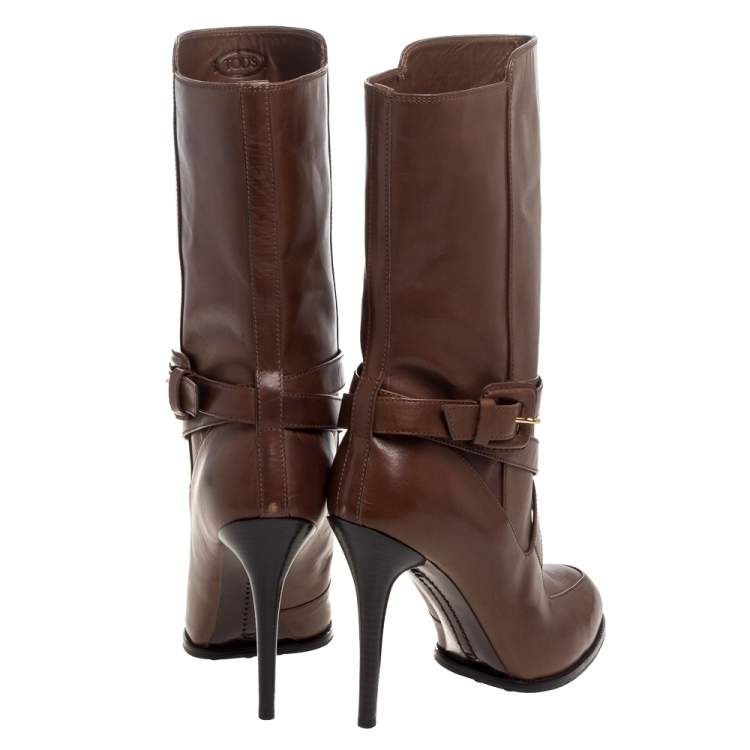Pre Owned Tod's Brown Leather Criss Cros Strap Detail Mid Length Boots Size 40