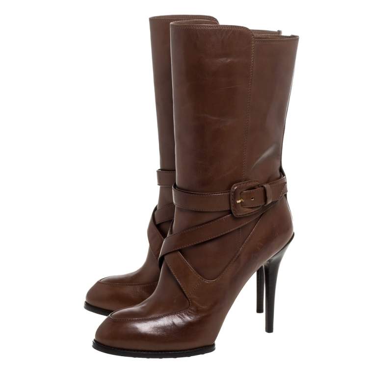 Pre Owned Tod's Brown Leather Criss Cros Strap Detail Mid Length Boots Size 40