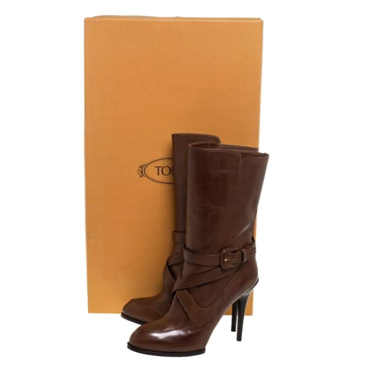 Pre Owned Tod's Brown Leather Criss Cros Strap Detail Mid Length Boots Size 40