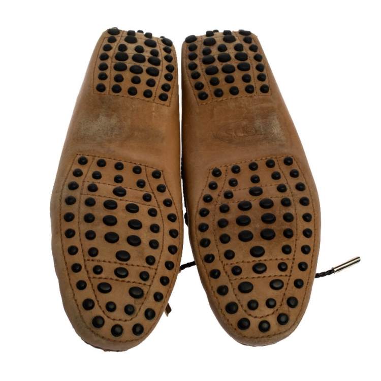 Pre Owned Tod's Tan Leather Braided Cord Bow Loafers Size 36.5