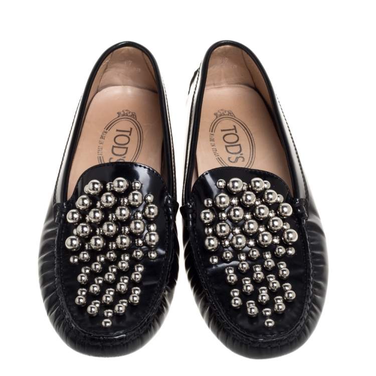 Pre Owned Tod's Black Leather Embellished Driving Slip On Loafers Size 37