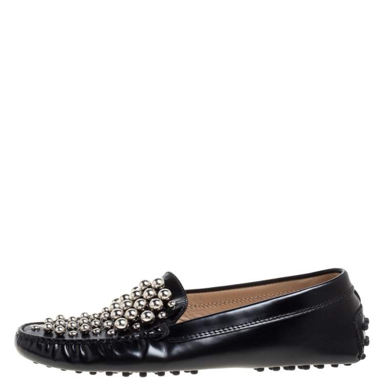 Pre Owned Tod's Black Leather Embellished Driving Slip On Loafers Size 37