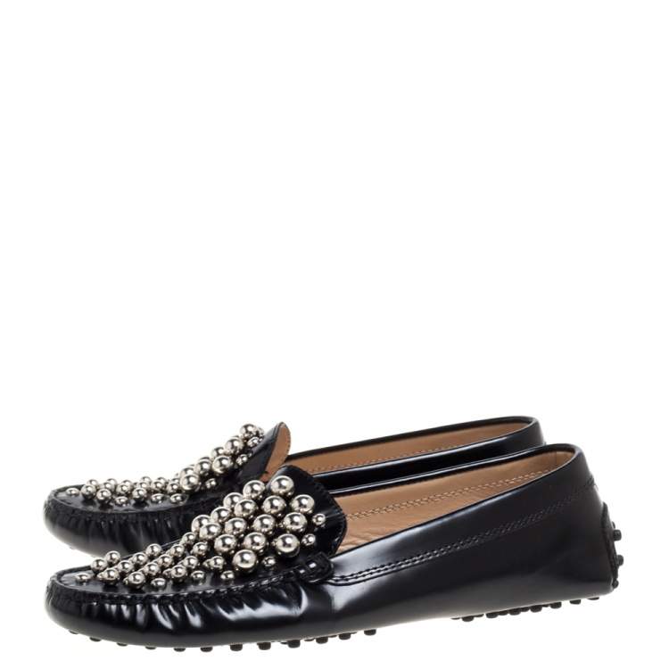 Pre Owned Tod's Black Leather Embellished Driving Slip On Loafers Size 37