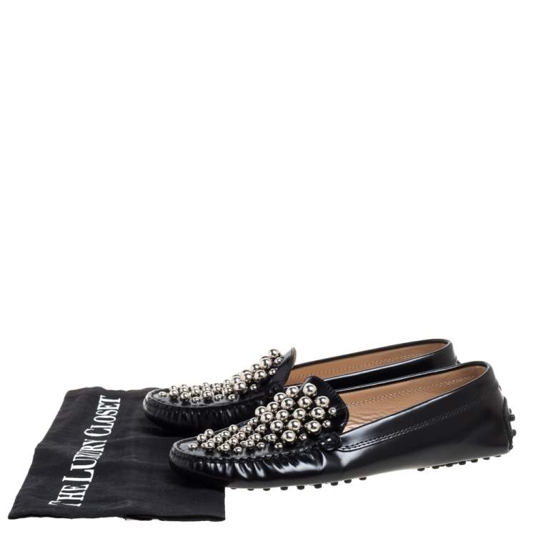 Pre Owned Tod's Black Leather Embellished Driving Slip On Loafers Size 37